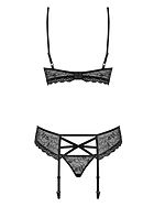 Lingerie set, rhinestones, straps over bust, lace edge, garter belt
